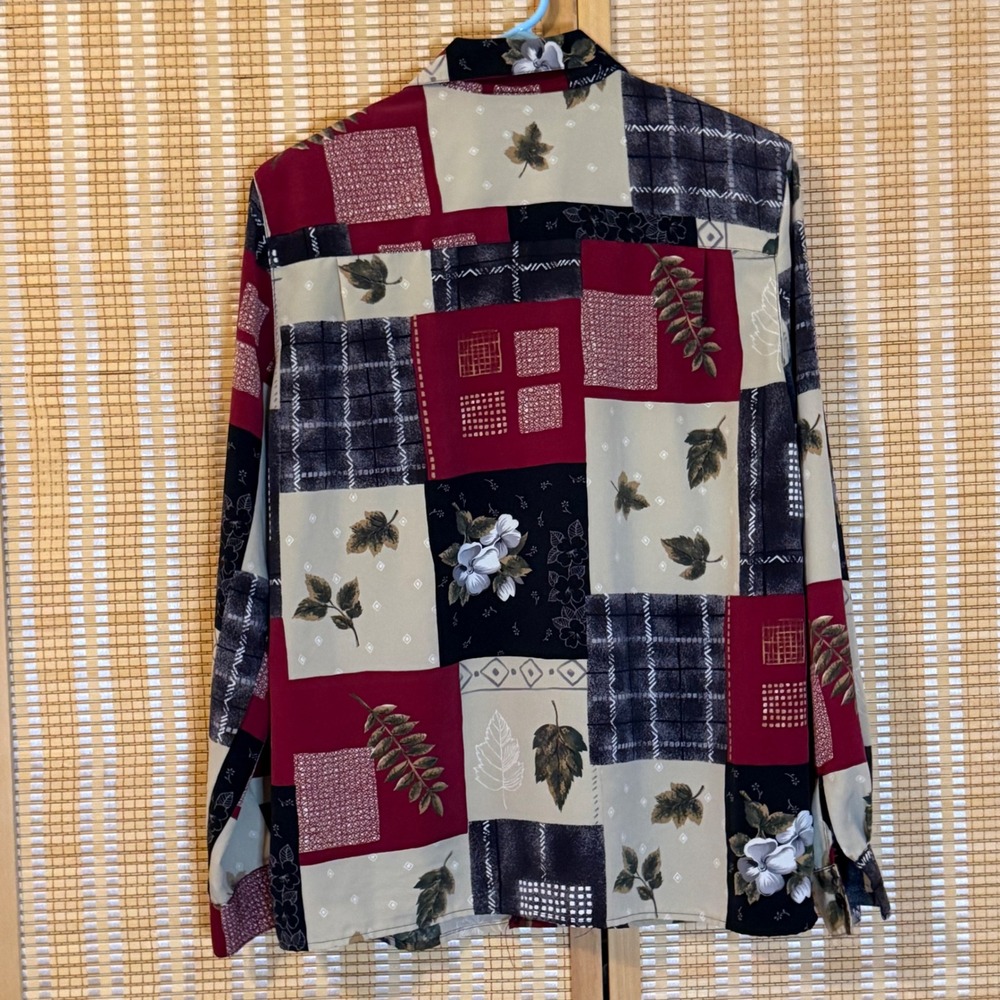 Alfred Dunnerโ Vintage Patchwork Floral Leaf Button Up Blouse Burgundy Black 12